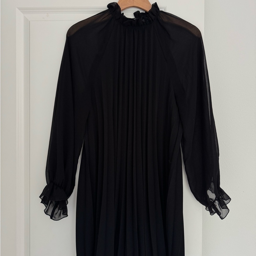 ZARA women’s black pleated long sleeve chiffon mini dress size XS